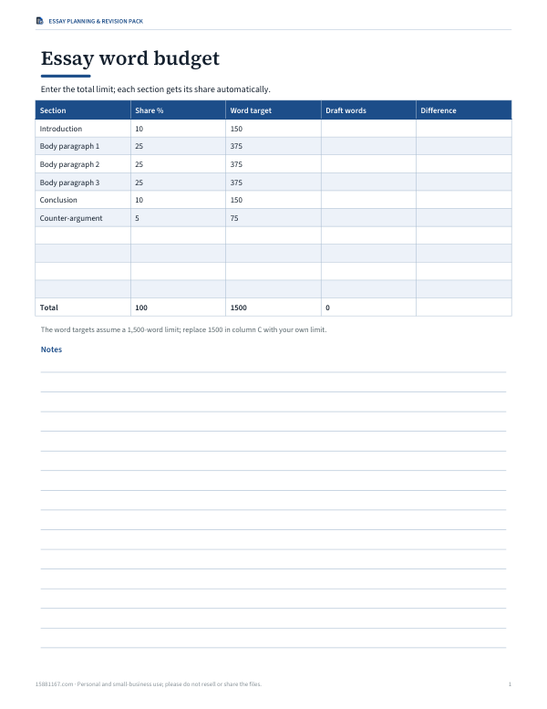 Preview of Printable Essay Word Budget Planner